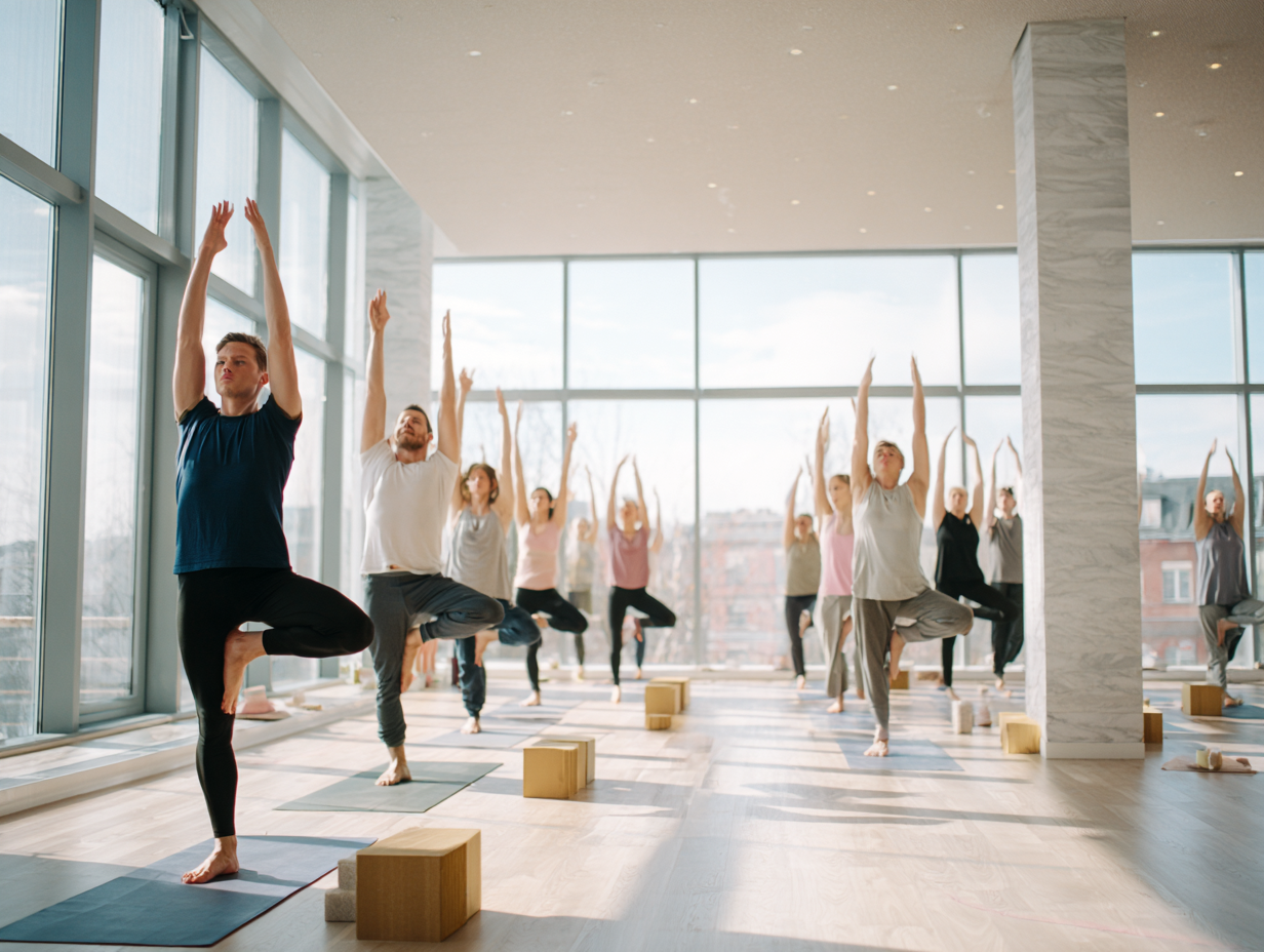 Різновікова група людей практикує йогу в світлому приміщенні з природним освітленням