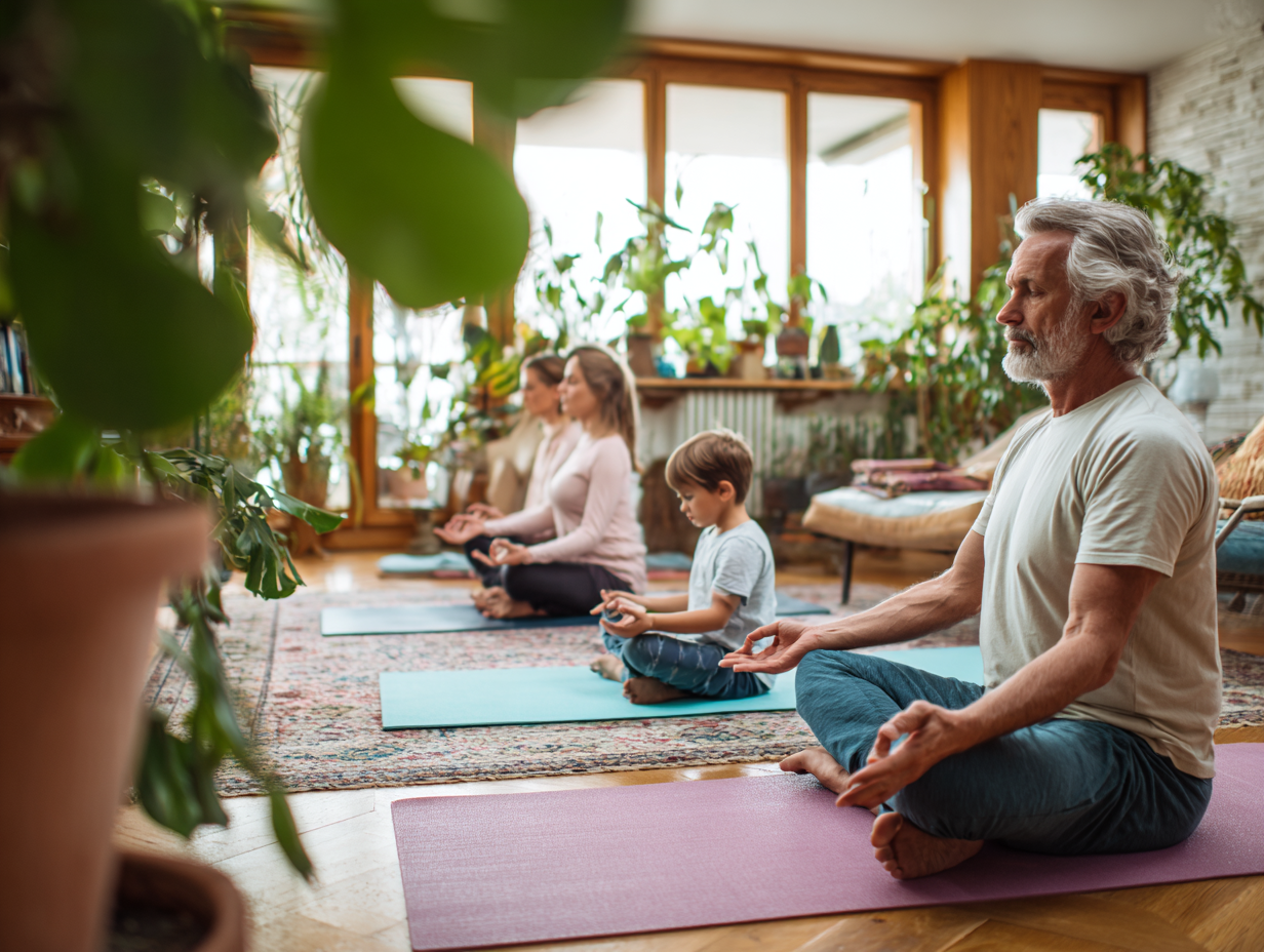 Сім'я різного віку практикує йогу разом у затишному приміщенні